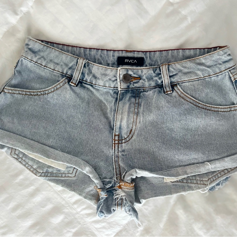 RVCA Blue Jean Shorts with Frayed Hem and Slim Fit